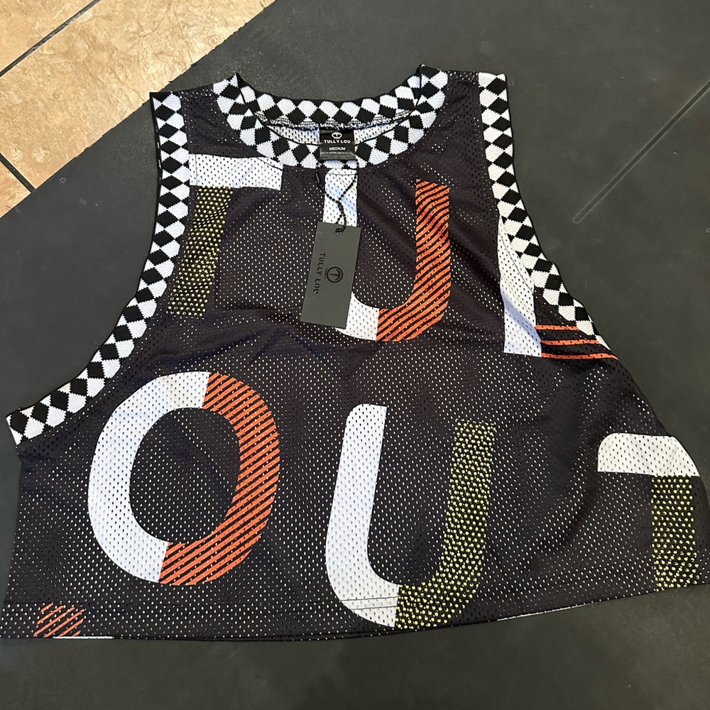 Black and Orange Graphic Tank Top with Checkered Trim